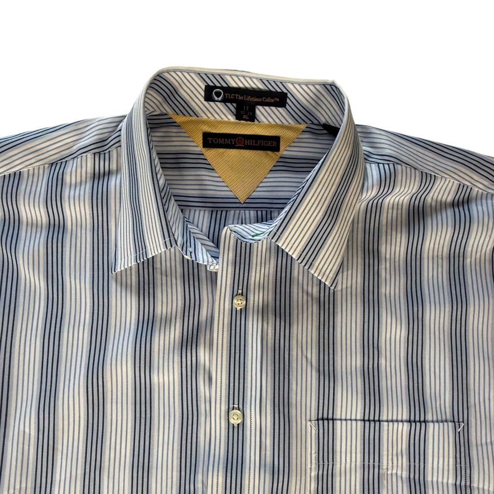 Tommy Hilfiger Mens Blue White Striped Button Down Shirt 17 32-33 XL Cotton TLC
